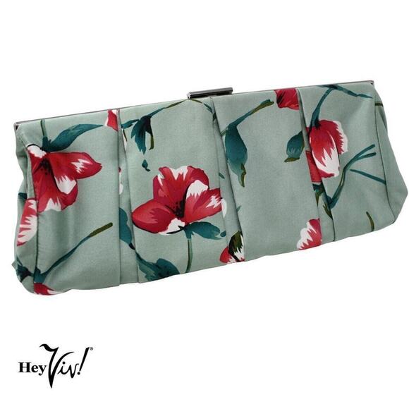 Express Handbags - Express Floral Clutch Handbag in Sea Green and Pink Satin 12" Across - Hey Viv